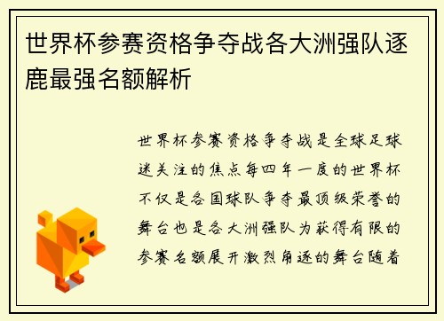 世界杯参赛资格争夺战各大洲强队逐鹿最强名额解析