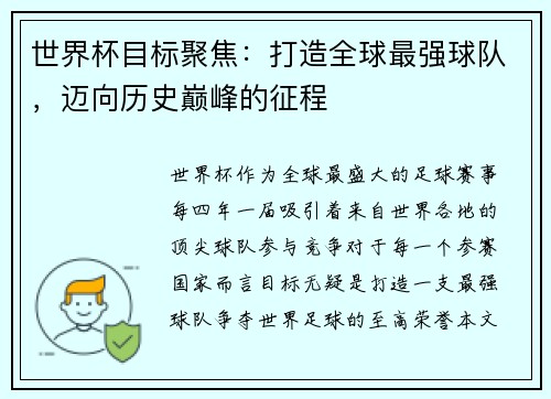 世界杯目标聚焦：打造全球最强球队，迈向历史巅峰的征程