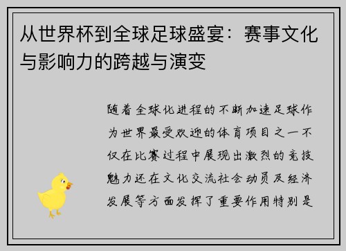 从世界杯到全球足球盛宴：赛事文化与影响力的跨越与演变