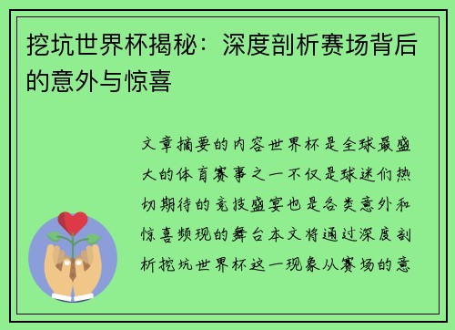挖坑世界杯揭秘：深度剖析赛场背后的意外与惊喜